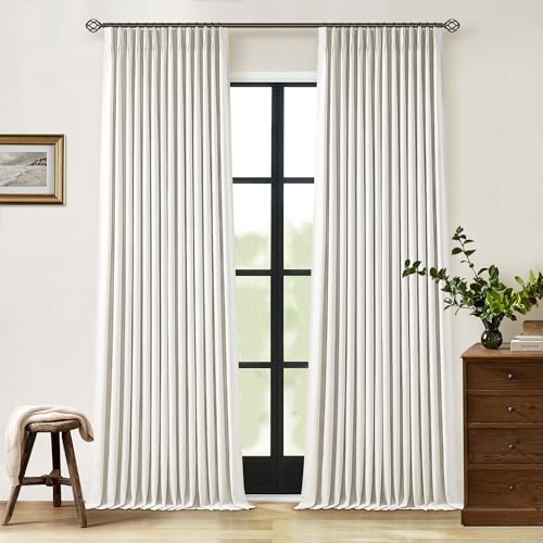 100% Blackout Pinch Pleat Linen Curtains, 2 Panels (90 Inch, Cream)