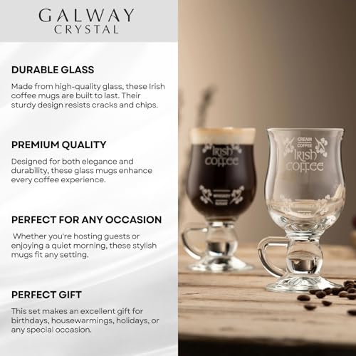 Galway Irish Coffee Glass Set - Clear Glass Mugs for Lattes & Specialty Drinks, 2 Pack