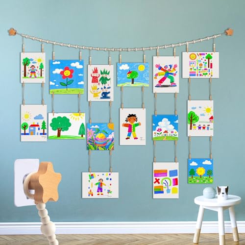 Kids Artwork Display Wall Hanging with 40 Wood Clips & Boho Beaded Garland