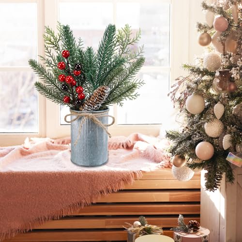 Winlyn 3-Pack Artificial Christmas Potted Plants - Rustic Holiday Decor