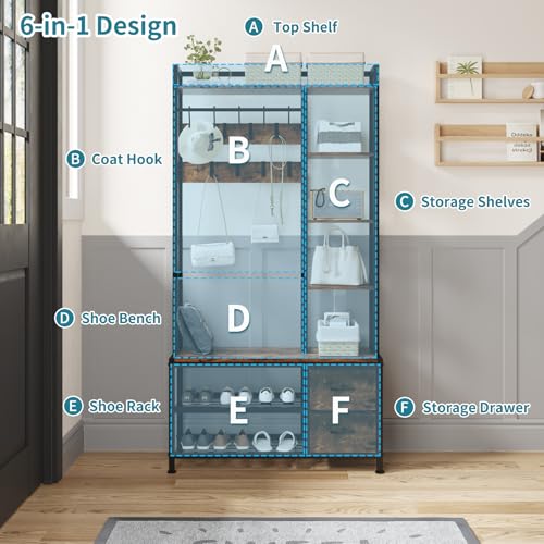 6-in-1 Entryway Hall Tree with Storage Bench, Drawers, Shelves, and Coat Rack