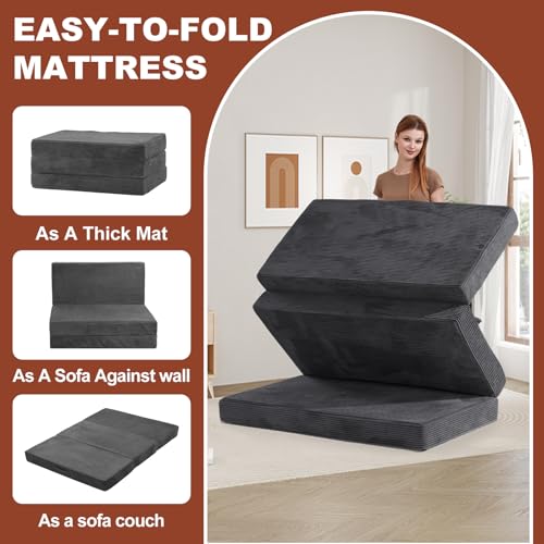 Grey AOLVDOW 6-Inch Tri-Fold Portable Foldable Mattress Queen Size for Camping & Guest Use
