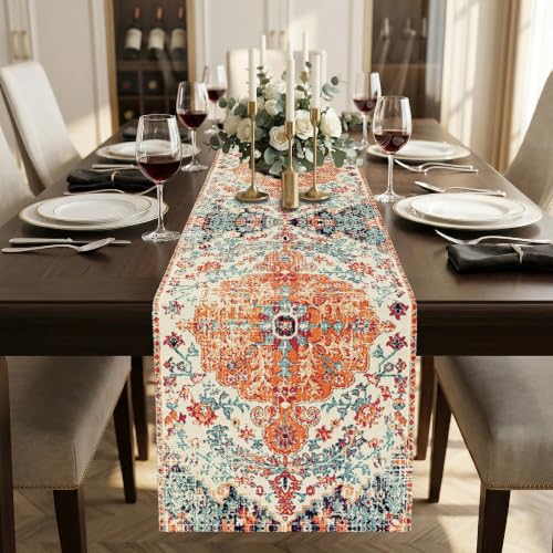 Kerton Stork Orange Blue 13x72 Inch Boho Table Runner, Linen Waterproof