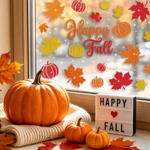 Glitter Fall Window Clings - 6 Sheets Autumn Harvest Thanksgiving Decals