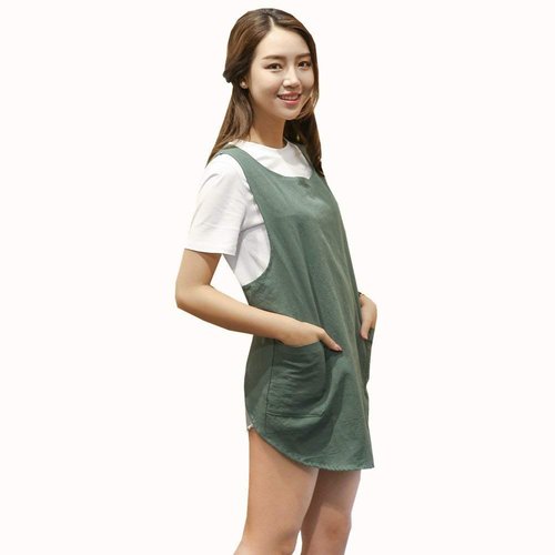 Shortened Design Apron, Japanese Style Soft Cotton Linen Apron with Two Side Pockets, X Cross Halter Aprons, Kitchen Cooking Clothes Gift for Women DIY Project, Crafting, Cooking, Baking(Army Green )