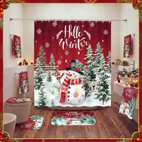 Tranqun Christmas Shower Curtain Set with Towels, Mat, Toilet Lid Cover & Hooks – Winter Holiday Bathroom Decor