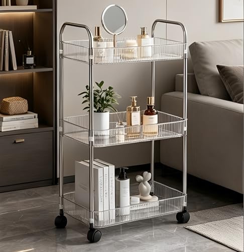 Clear 3-Tier Plastic Rolling Utility Cart with Wheels & Side Hooks