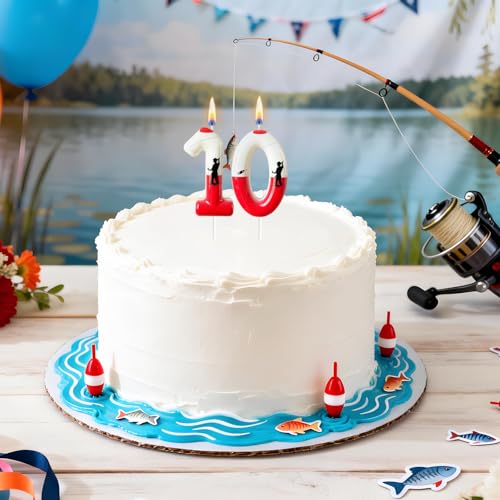 Fishing Bobber Birthday Number Candle, Red and White Cake Topper