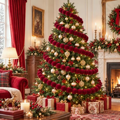 Giegxin 6 ft Burgundy Flocked Velvet Christmas Garland with Red Ornaments