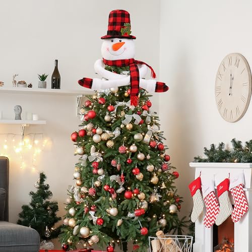 Plush Snowman Christmas Tree Topper - Buffalo Plaid Treetop Hugger