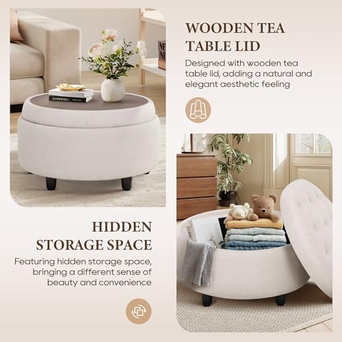 Round Fabric Storage Ottoman with Reversible Tray Lid, Beige