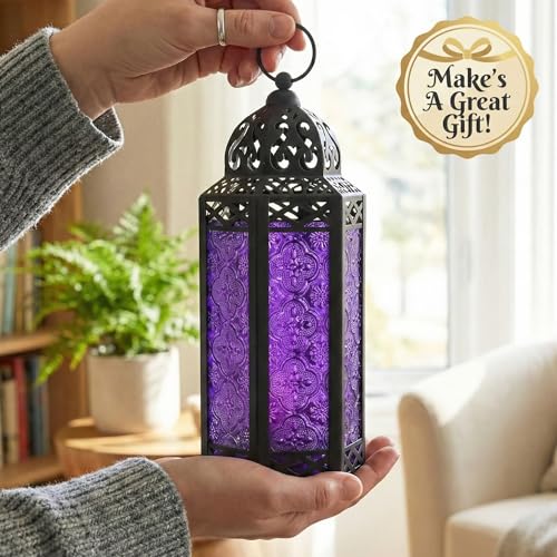 Moroccan Gothic Candle Holder Lantern - Purple Iron, 10.5" Tall
