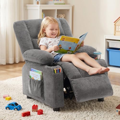 Kids Recliner Chair with Cup Holders and Side Pockets, Adjustable Toddler Sofa