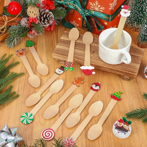 FYSUIMU 120 Pcs Christmas Wooden Spoons – Classic Styles Disposable Tasting Spoons 5.5 in