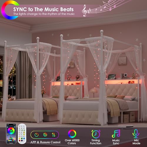 Twin Canopy Bed Frame with LED Lights, Storage Headboard & Charging Station