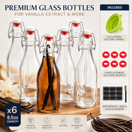 Swing Top Glass Bottles 8.5 oz 6-Pack with Funnel and Labels