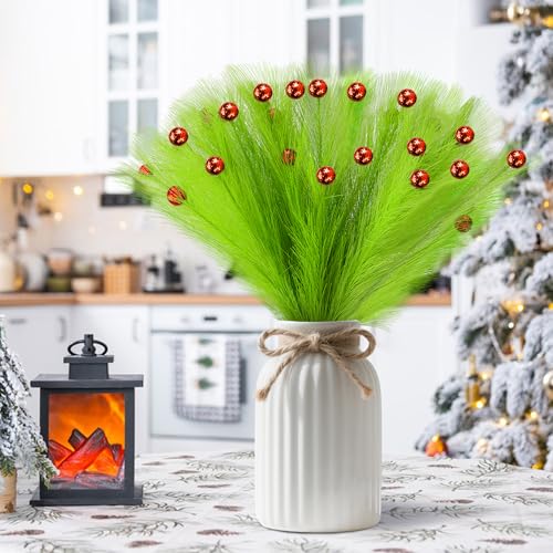 24pc Lime Green Furry Picks with Red Berry Decor - 19.6'' Xmas Tree Topper Stems