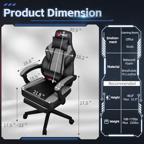 Ergonomic High-Back Gaming Chair with Footrest & Massage Support, Grey
