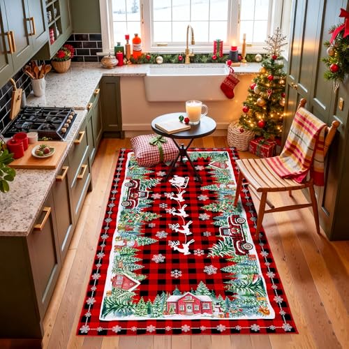 3'x5' Red Plaid Truck Christmas Area Rug - Non-Slip, Low-Pile, Washable