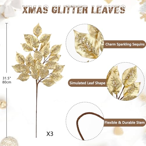 Oairse Champagne Elm Christmas Tree Picks, 31.5-Inch Gold Artificial Branches, 3 Pcs Holiday Decor