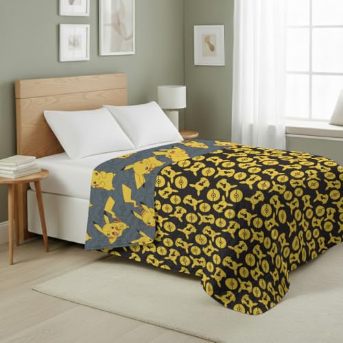 Reversible Twin Quilted Blanket - Pikachu & Pokeball Pattern, 60x90