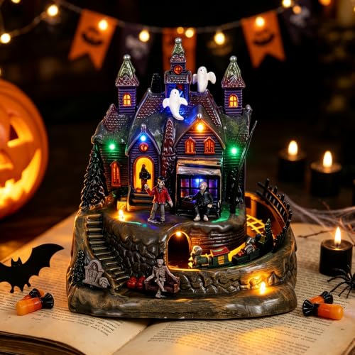 Animated Halloween Village Haunted House with Moving Train and LED Lights