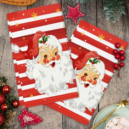 Qilerongrong Christmas Santa Kitchen Towels 18x26 in 2 Pack - Red Snowflake Stripe Tea Towels