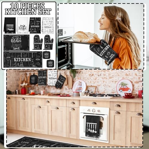 10-Piece Farmhouse Kitchen Decor Set: Towels, Rugs, Oven Mitts & Pot Holders