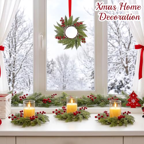 12 Pack Christmas Candle Wreath Rings with Red Berries - 3.7 Inch