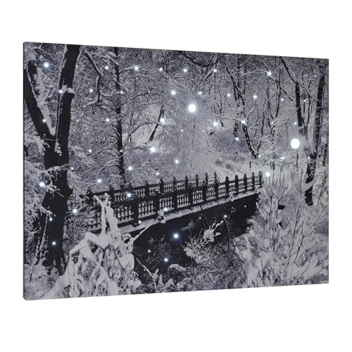 DEMAGNNIE 28x20 Inch Lighted Winter Wall Art - Framed Snowy Landscape with Timer, Battery Operated Christmas Decoration