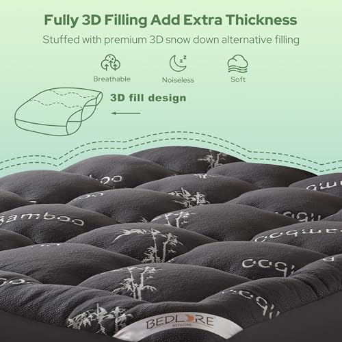 BEDLORE Queen Bamboo Mattress Topper - Thick Pillow Top Pad Dark Gray