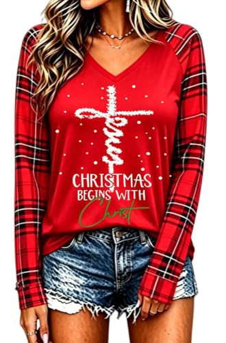 Jusgai Christmas Trees V-Neck T-Shirt for Women Large Red Holiday Top