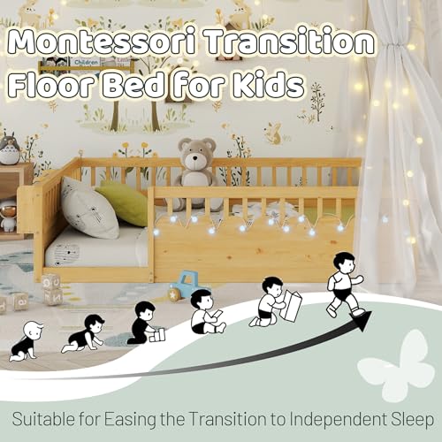 Full Size Montessori Floor Bed with Rails, LED Lights & Storage Shelf