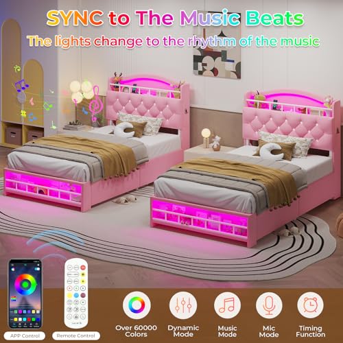 Twin Upholstered Bed Frame with LED Lights, 4 Drawers & Charging Station