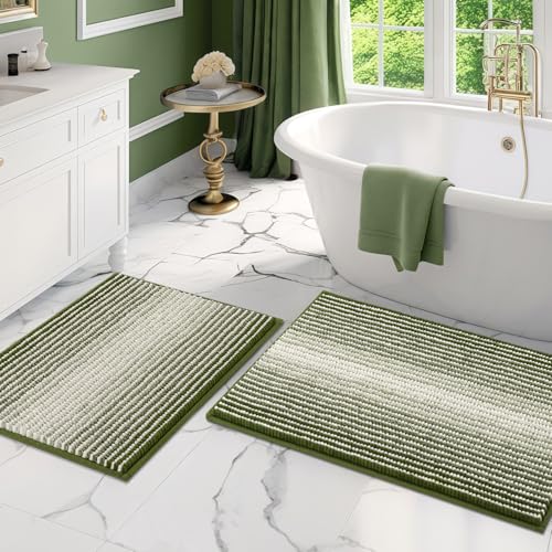 BSICPRO 2-Piece Chenille Bathroom Rug Set, Sage Non-Slip Shaggy Floor Mats