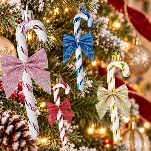 Gold and White Glitter Candy Cane Ornaments - 12pcs Christmas Tree Decorations with Bows