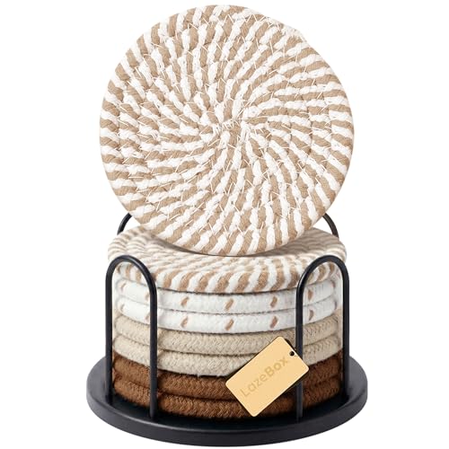 Absorbent Drink Coasters Set of 8 - 4 Inch Cotton Linen Coasters with Holder
