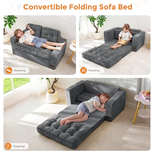 Kids Convertible 2-in-1 Folding Sofa Bed, Dark Grey Floor Lounger
