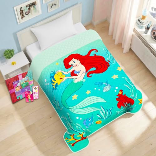 Disney Little Mermaid Twin Bedspread Set for Kids with Ariel Quilted Cover and Tattoos