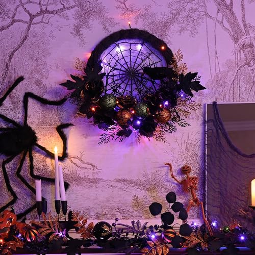 24-Inch Pre-Lit Halloween Wreath with LED Lights and Timer for Front Door