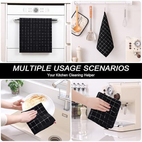 8-Piece Cotton Kitchen Towel and Dishcloth Set, Absorbent Checkered Black