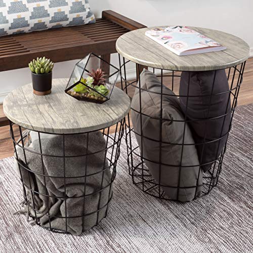 Round Nesting End Tables Set of 2 with Storage Basket and Wood Lid