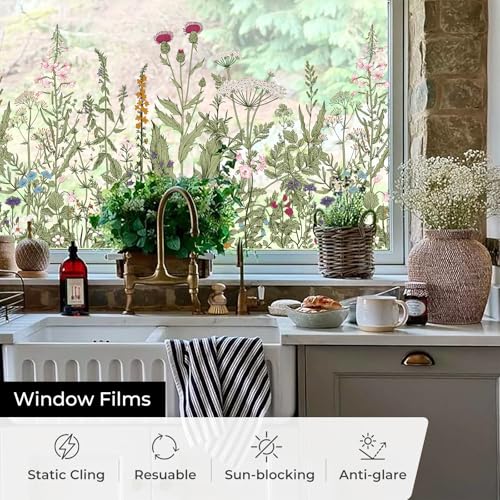 Stained Glass Window Film - Colorful Wildflower Design, 17.5 x 78.7 in, Removable DIY Static Clings