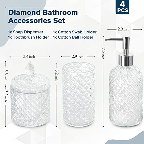 4-Piece Diamond Pattern Glass Bathroom Accessory Set - Counter Organizer