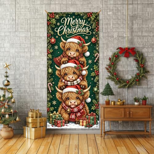 White Highland Cow Christmas Door Cover 35x79in - Holiday Seasonal Decor