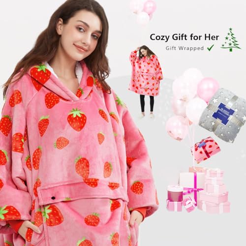 Oversized Strawberry Wearable Blanket Hoodie with Sherpa Lining