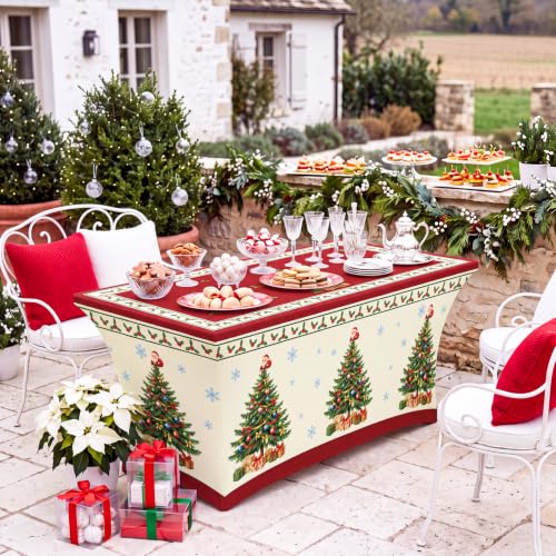 Red Christmas Tree Stretch Table Cover for 6ft Tables - Snowflake Design