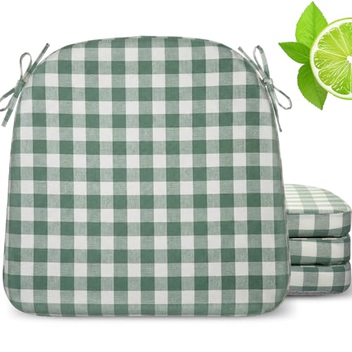 4-Pack Sage Green Checkered Dining Chair Cushions, 17x16-inch Non-Slip Pads