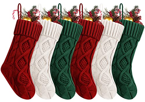 Fesciory 14-Inch Christmas Stockings 6 Pack – Burgundy, Ivory, Green Cable Knit