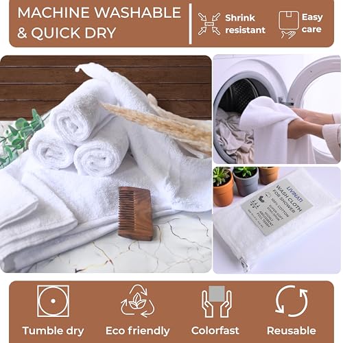 Soft 100% Cotton Washcloths - 12x12 Inch White Terry Towels, 6 Pack